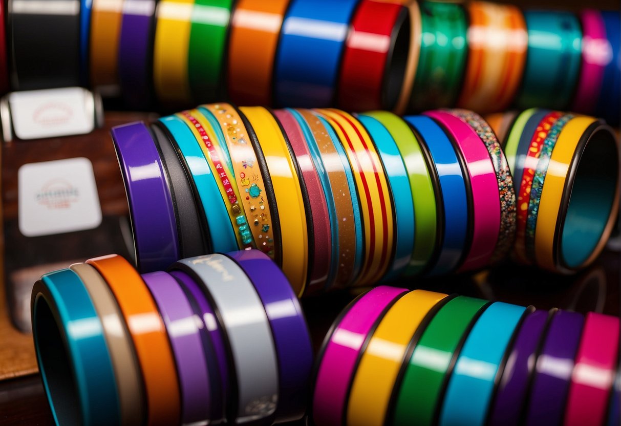 A close-up view of Disney Cruise Magic Bands arranged neatly on a table, showcasing their vibrant colors and unique designs