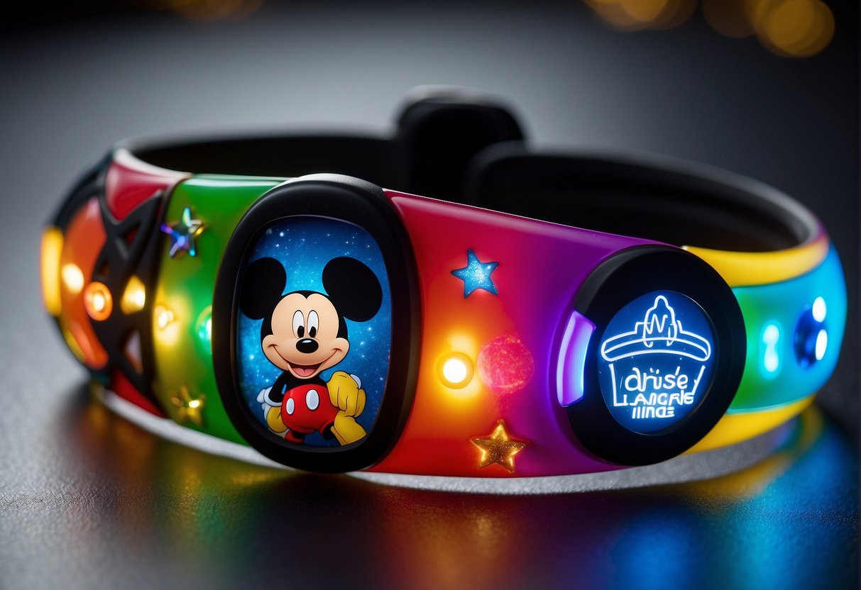 The Magic Band glows with colorful lights, displaying Mickey Mouse icon and the Disney Cruise Line logo. It is worn around the wrist, with a sleek and modern design