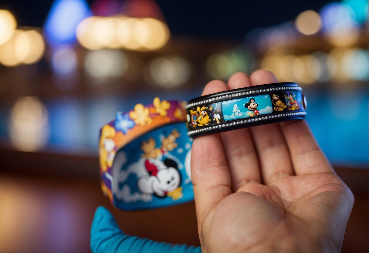 A hand reaches out to touch a colorful Disney Cruise magic band, ready to be worn on a wrist. The band features iconic Disney characters and symbols, set against a backdrop of a cruise ship and ocean waves