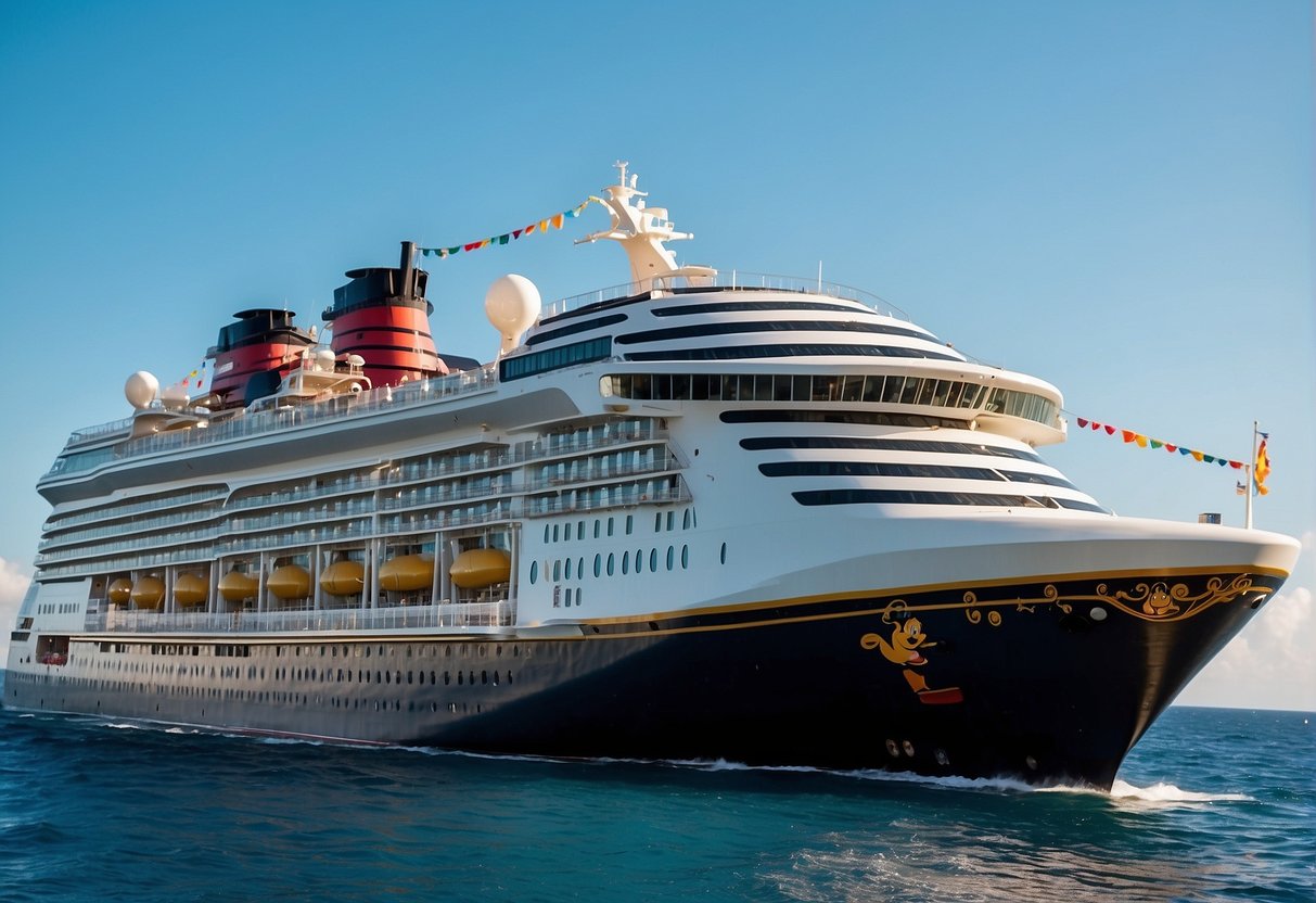 A Disney cruise ship adorned with wedding decorations sails under a clear blue sky, surrounded by sparkling ocean waters