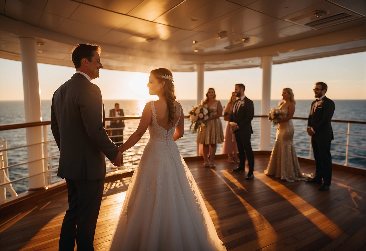 A bride and groom stand on the deck of a Disney cruise ship, surrounded by their wedding party and guests. The sun sets behind them, casting a warm glow over the ocean