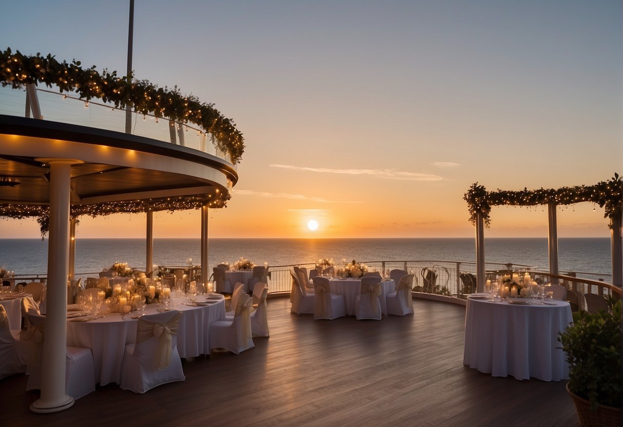 The sun sets over the ocean as a Disney cruise ship transforms into a magical wedding venue, with twinkling lights and elegant decor for both the ceremony and reception