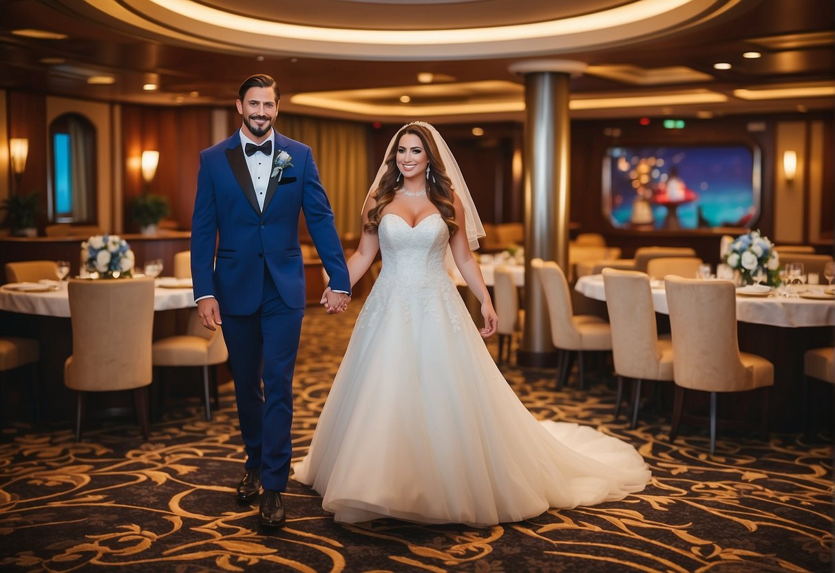 A Disney cruise wedding with customization and add-ons, featuring personalized decor, themed entertainment, and exclusive dining options