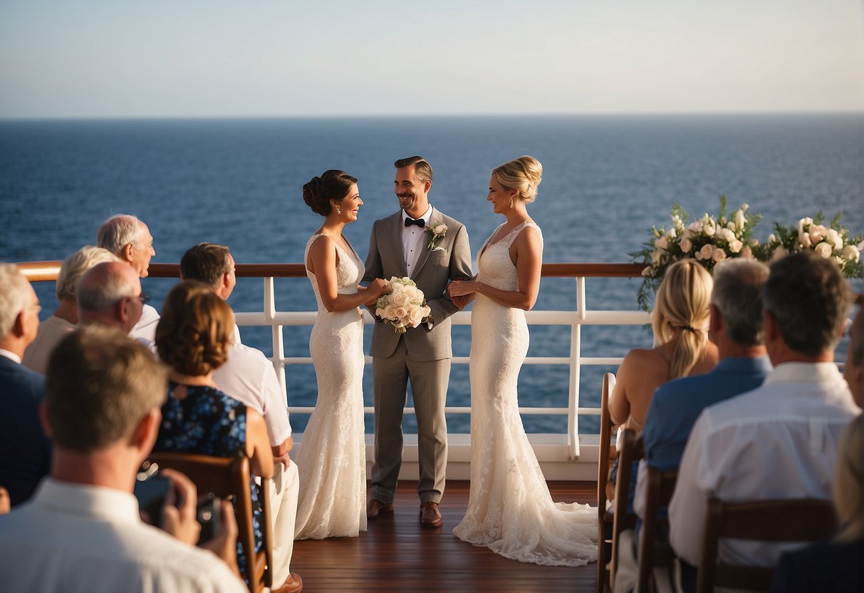 A couple exchanging vows on a Disney cruise ship, surrounded by family and friends, with the ocean as a backdrop