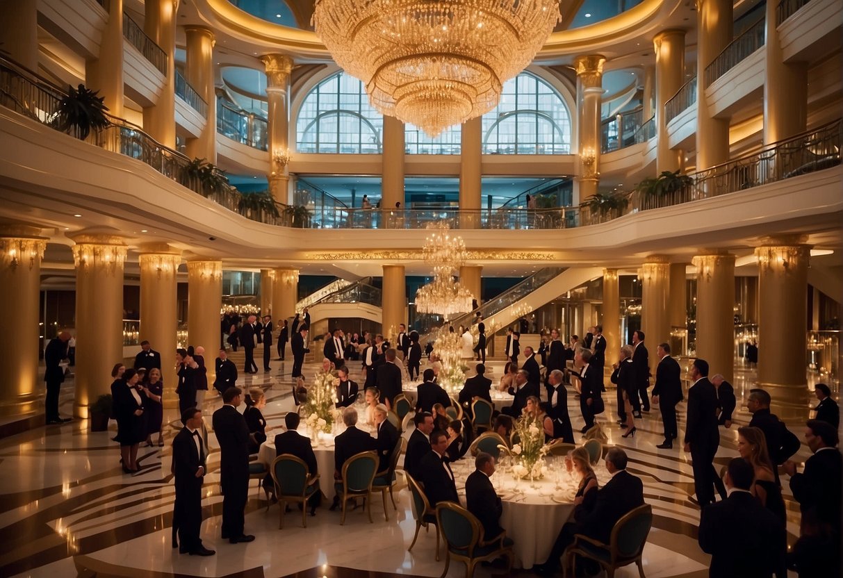 Guests in elegant attire gather in the grand atrium, adorned with sparkling chandeliers and golden accents. The ship's crew, dressed in formal uniforms, welcome passengers to a magical evening of dining and entertainment