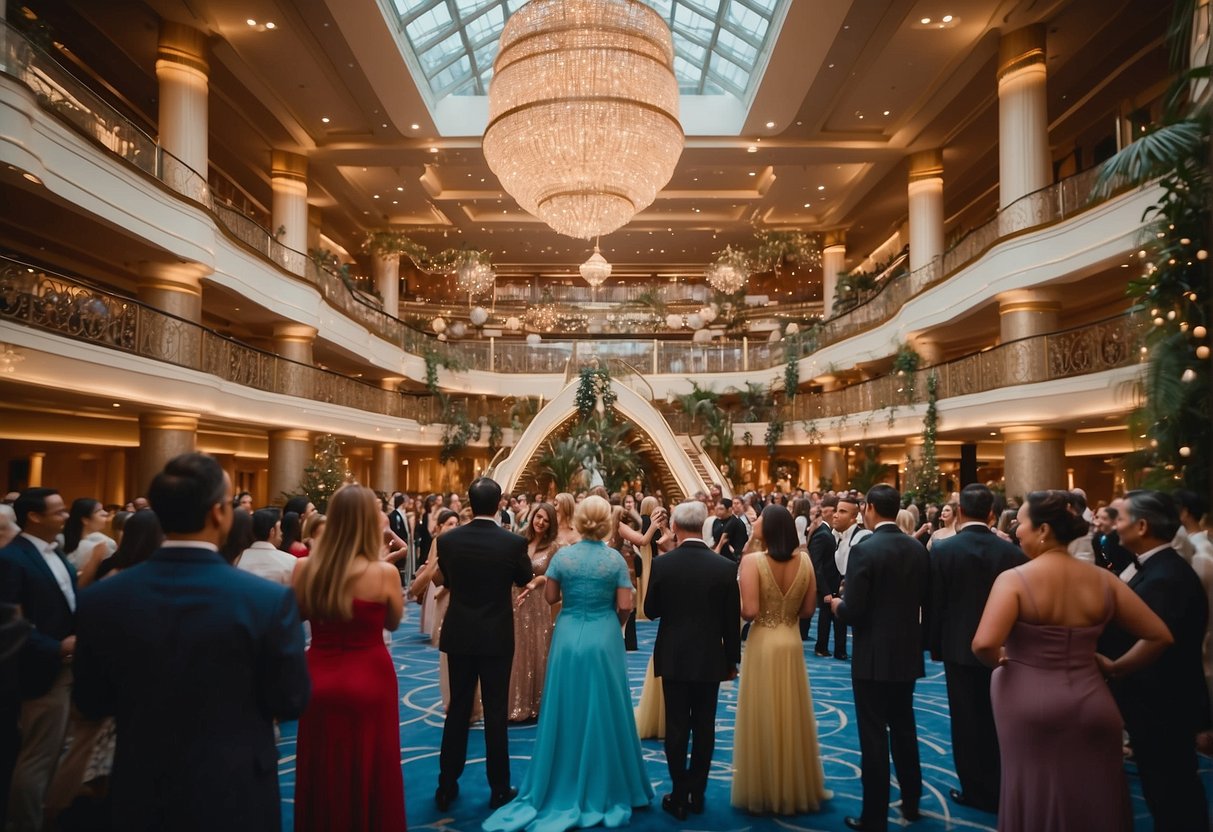 Guests in elegant attire gather in the grand atrium, adorned with sparkling lights and lavish decorations, as they anticipate the start of Disney Cruise's Formal Night