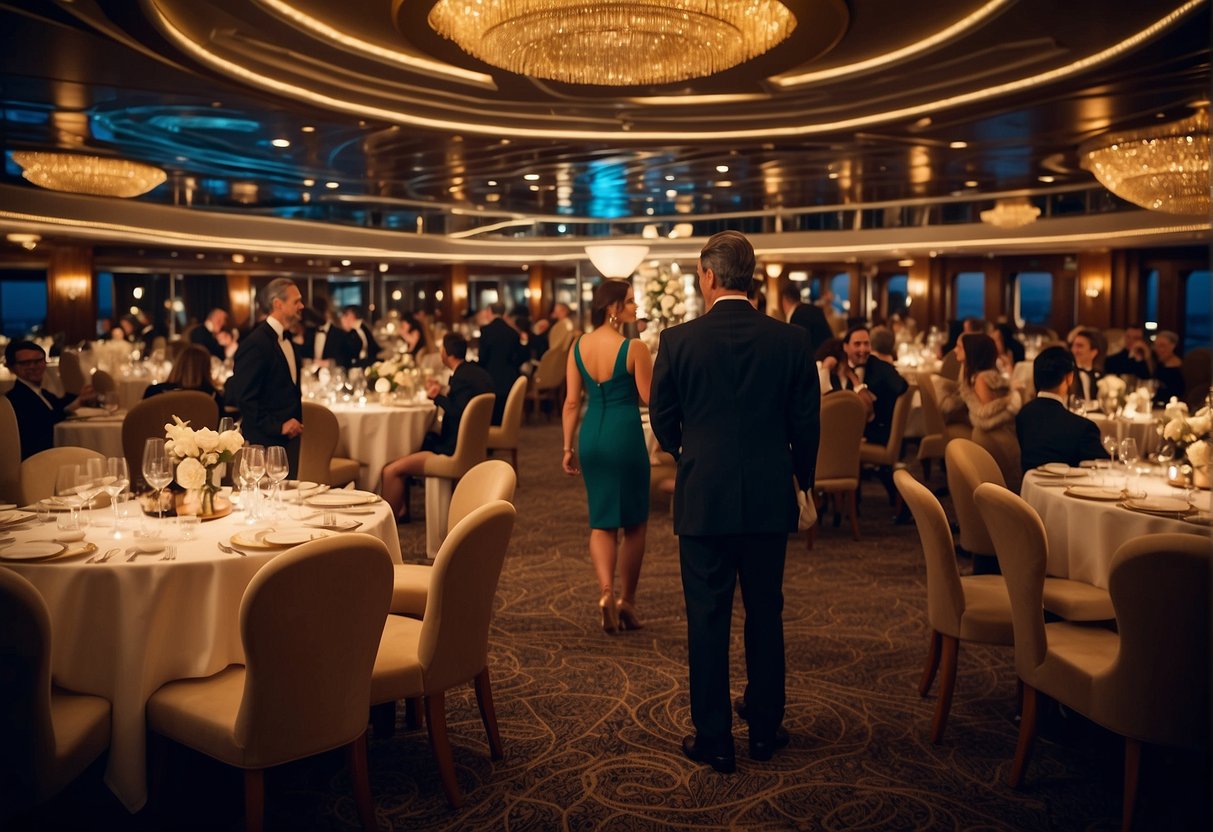 Passengers in elegant attire enjoy a formal dinner on a Disney cruise ship. The dining room is adorned with sparkling lights and luxurious decor, creating a magical atmosphere