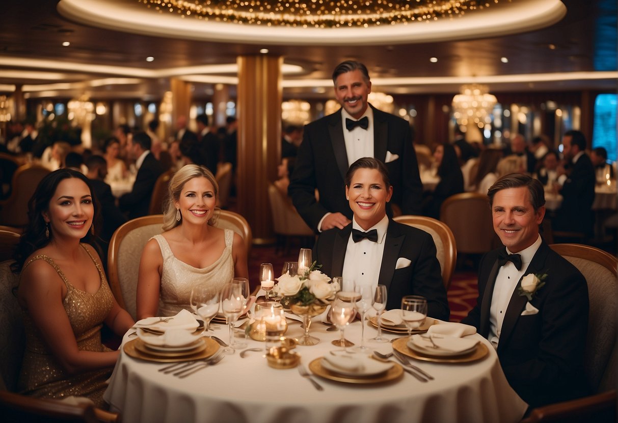 Families in formal attire, dining and socializing on a Disney cruise ship, with elegant decor and twinkling lights creating a festive atmosphere