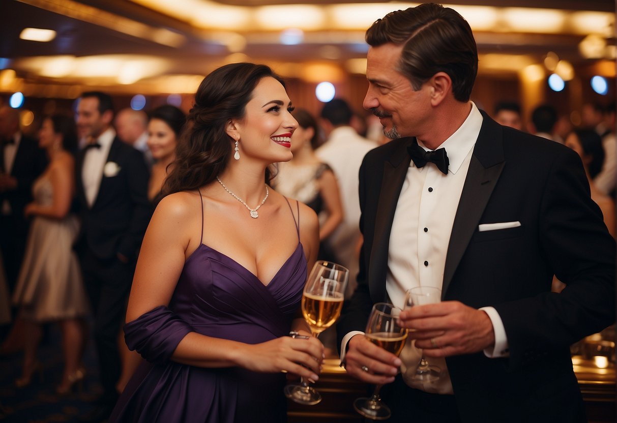 Couples and solo travelers in formal attire on a Disney cruise ship, enjoying a glamorous evening event