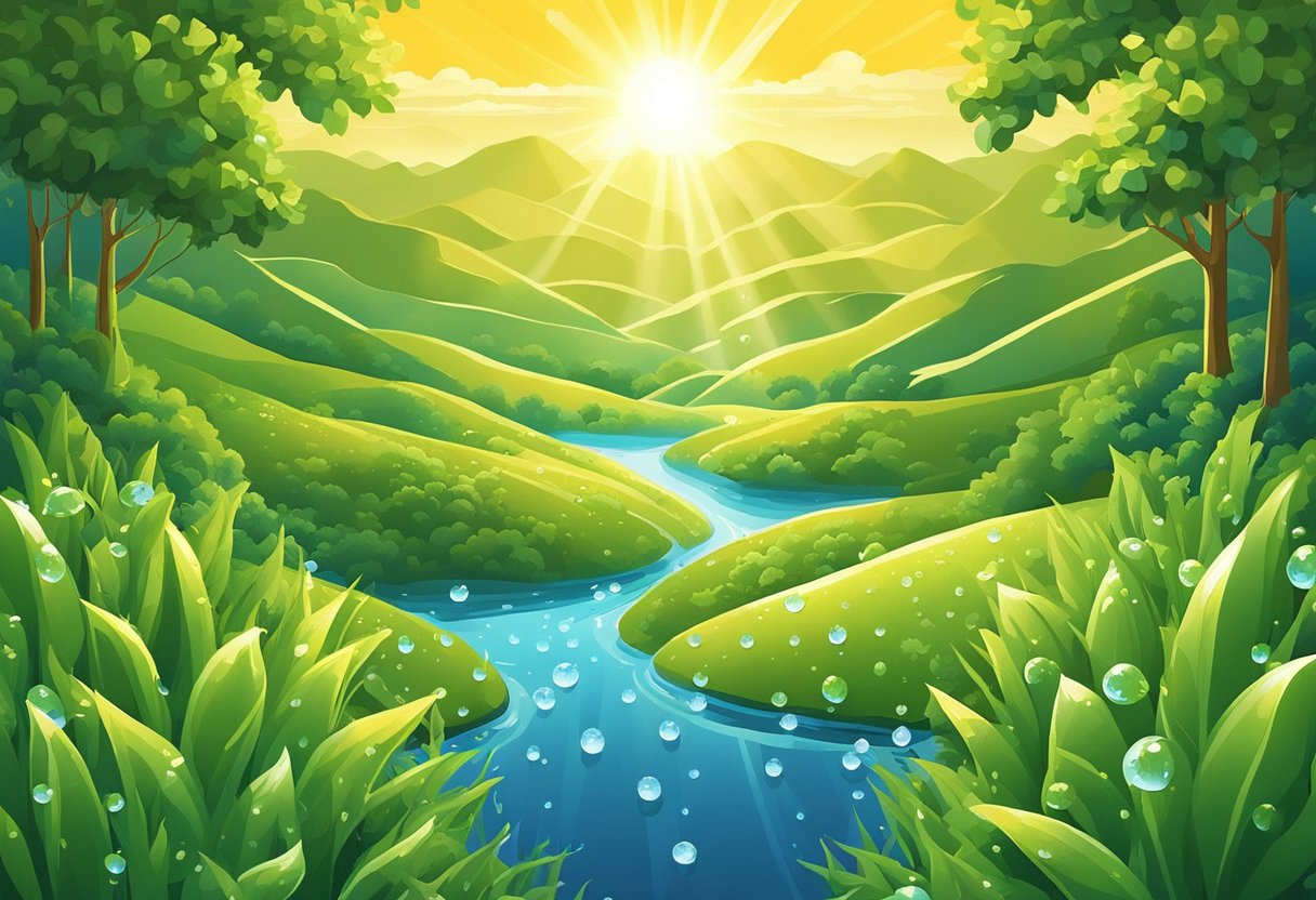 A radiant sun casting golden rays over a tranquil landscape, illuminating the world with its brilliance. Sparkling dew drops glisten on leaves, reflecting the light in a dazzling display of natural beauty