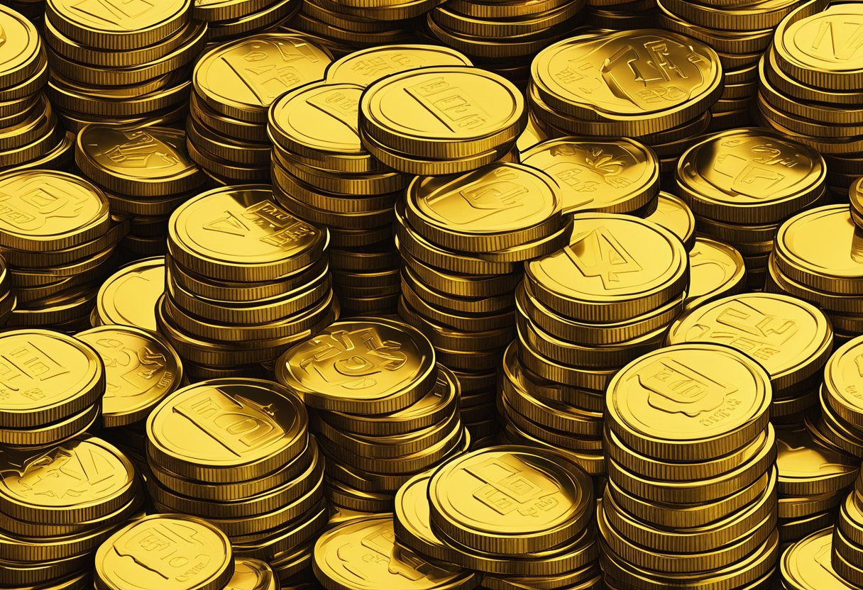 A pile of shimmering gold coins and bars arranged in a neat stack, with a faint glint of light reflecting off their smooth surfaces