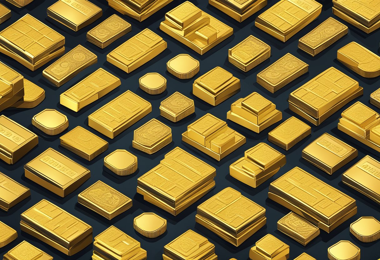 A pile of shimmering gold coins and bars arranged in a neat and organized fashion, reflecting light and emitting a sense of wealth and luxury