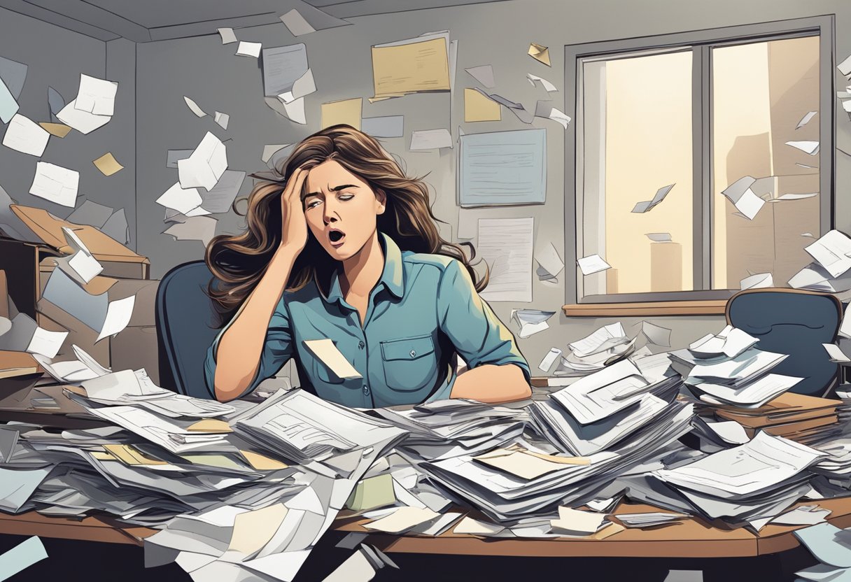 A woman in distress, surrounded by scattered papers and a disorganized desk, with a look of panic on her face