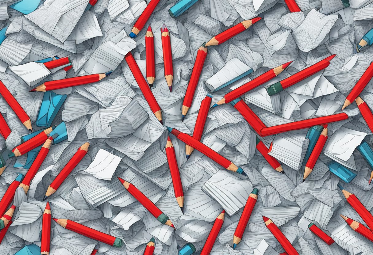 A pile of crumpled papers surrounded by sharp pencils and erasers. A red pen lies on top, ready to critique