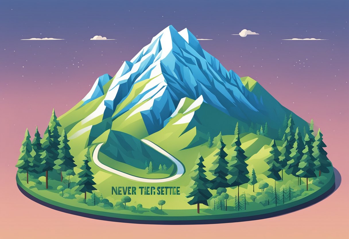 A mountain peak with a trail leading to the top, surrounded by lush greenery and a clear blue sky, with the words "Never Settle" written in bold, inspirational font
