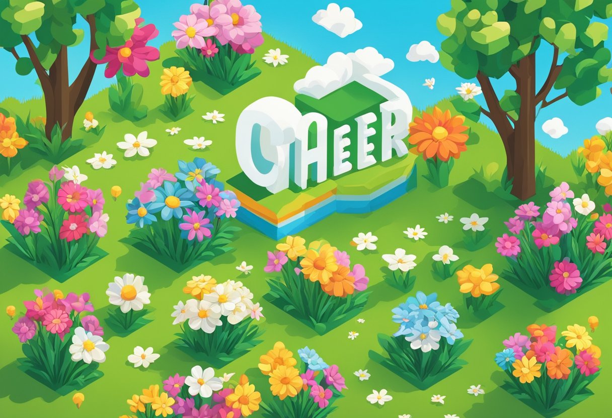Colorful flowers blooming in a sunny field, with a bright blue sky and fluffy white clouds. A quote banner with "cheer up" hangs from a tree