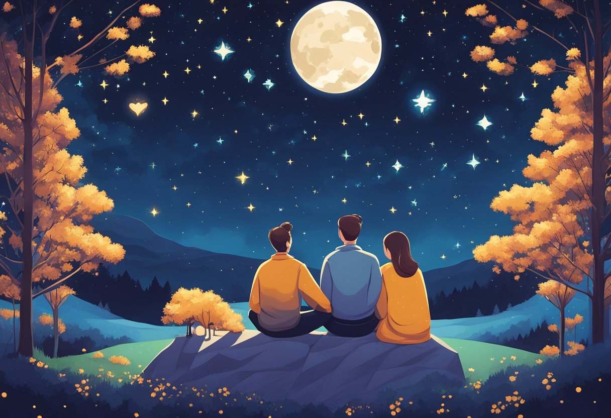 A couple sits under a starry sky, sharing first love quotes. Their faces glow with joy and affection