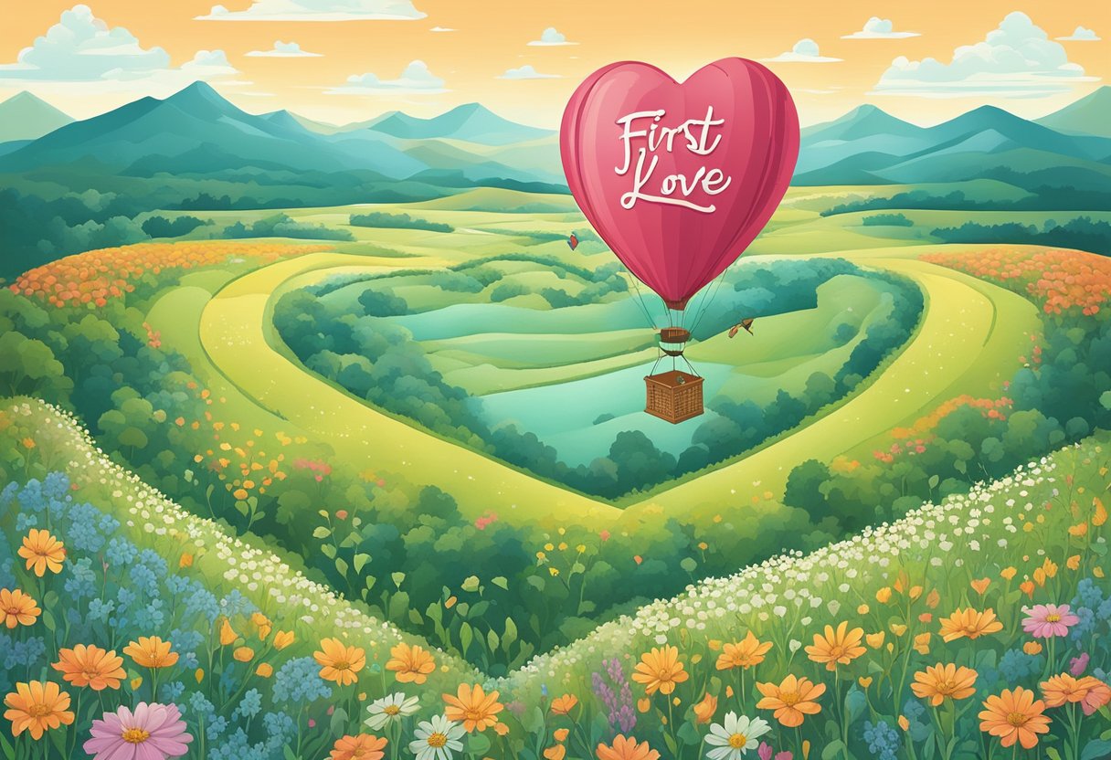 A heart-shaped balloon floats above a field of wildflowers, with the words "First Love Quotes" written in elegant script across the sky