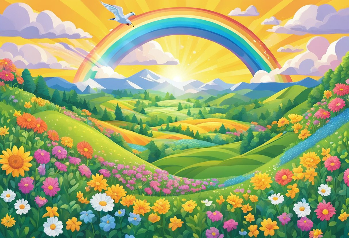 A bright sun shining over a field of blooming flowers, with a rainbow in the sky and birds flying freely