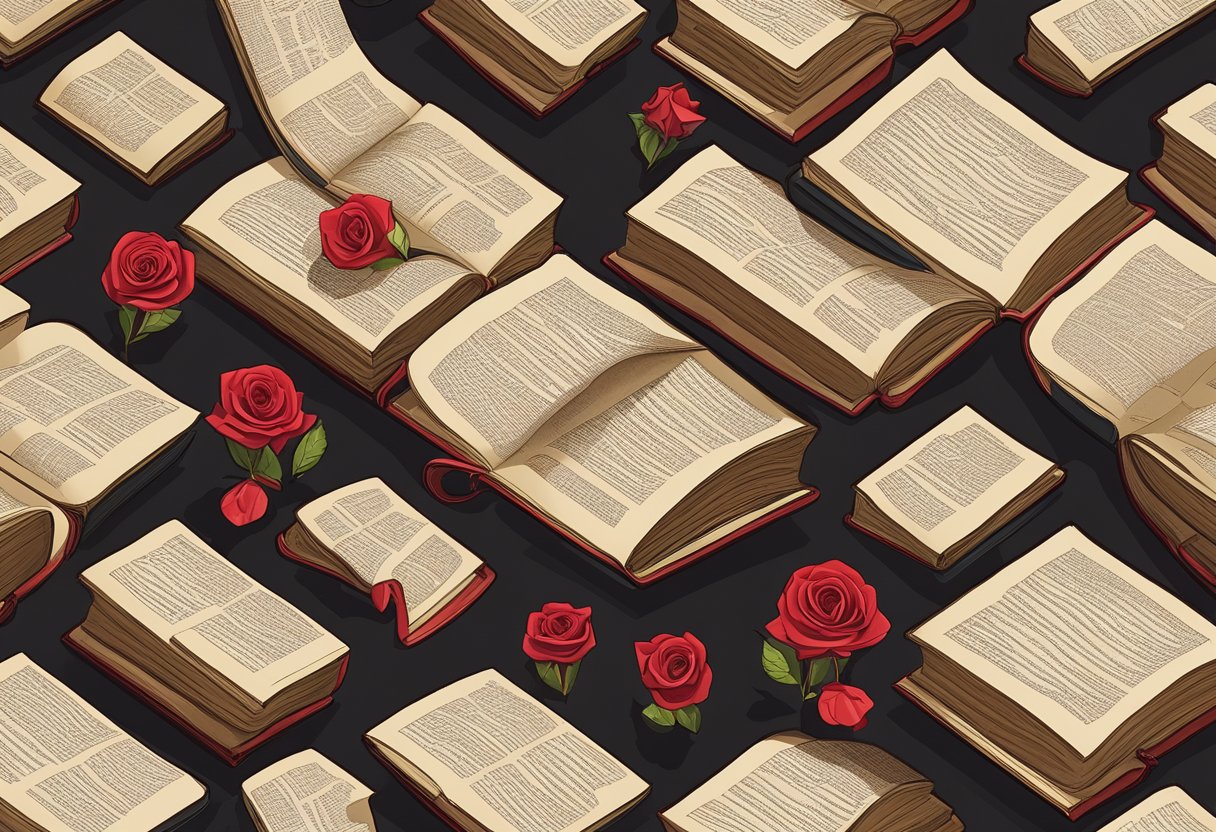 A pile of elegant, vintage books arranged neatly on a dark mahogany table, with a single red rose placed delicately on top