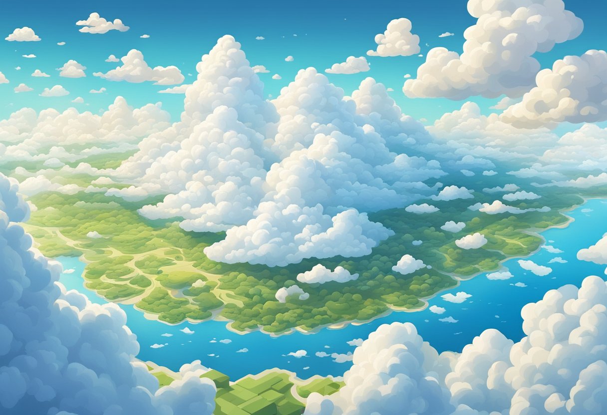 A sky filled with fluffy white clouds, stretching as far as the eye can see, creating a beautiful and serene atmosphere