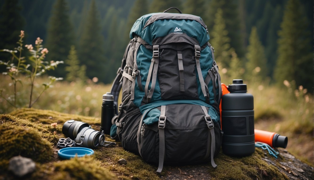 A rugged backpack sits next to a sturdy tent in a mountain clearing, surrounded by high-performance hiking apparel and gear