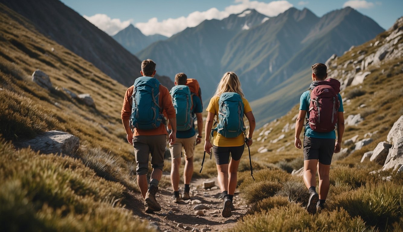 A rugged mountain trail with hikers wearing durable, moisture-wicking clothing. The apparel is designed for comfort and protection in challenging outdoor conditions