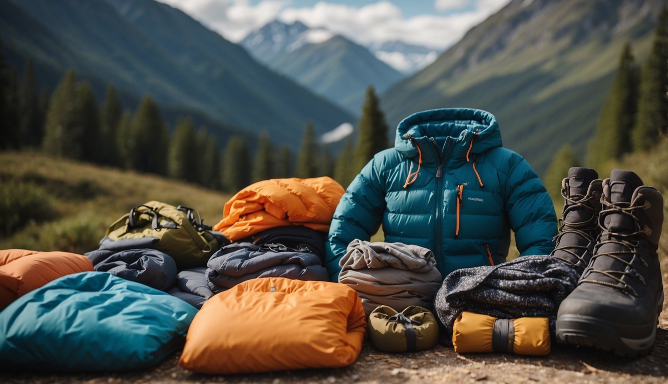 A range of clothing materials for different climates, from lightweight breathable fabrics to insulated layers, displayed with high-performance camping apparel for hikers