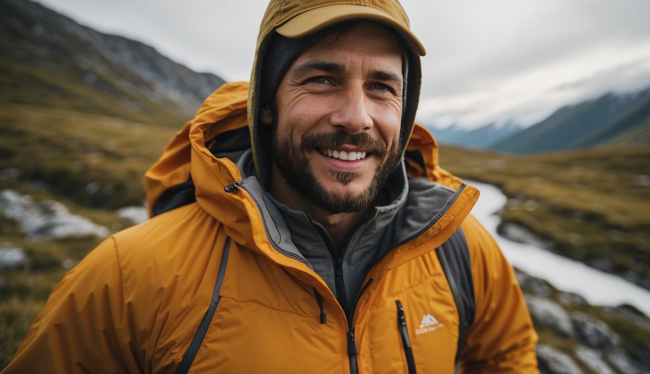 A hiker wearing high-performance camping apparel layers up with a moisture-wicking base layer, insulating mid-layer, and weather-resistant outer shell