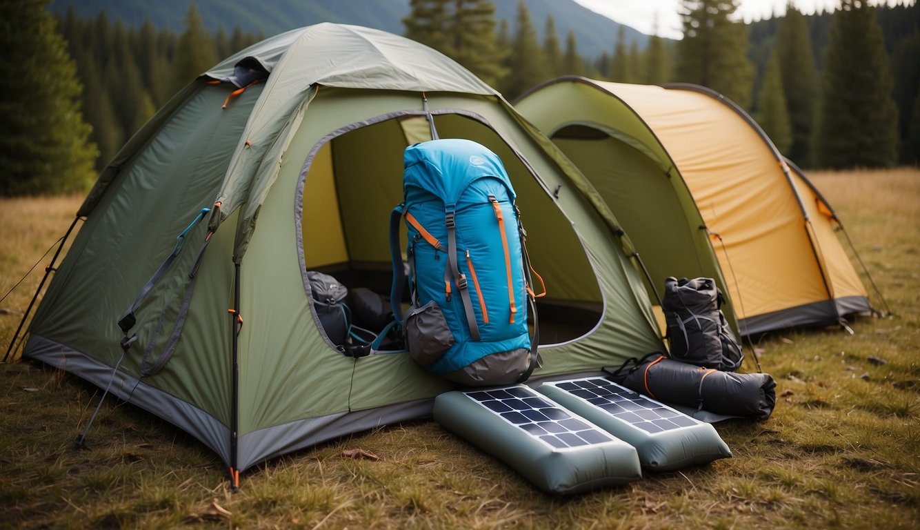 A tent with built-in solar panels, a backpack with a water filtration system, a jacket with built-in heating technology, a pair of hiking boots with self-cleaning soles, and a sleeping bag with integrated LED lights