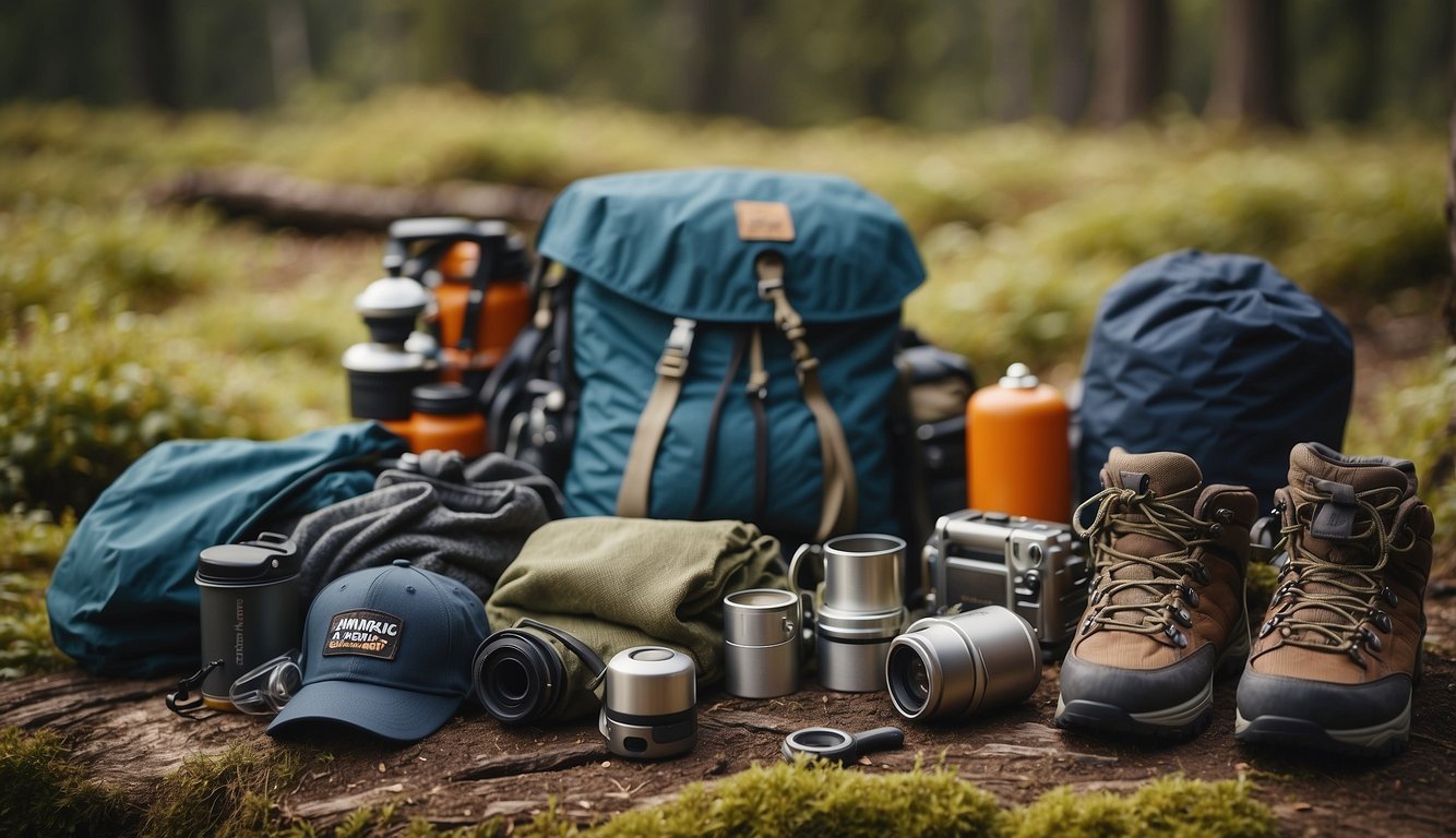 High-performance camping apparel laid out with hiking gear in a natural setting. Seasonal clothing and equipment are arranged neatly for illustration