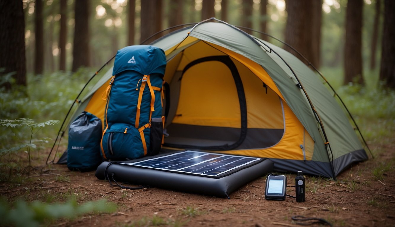 A tent with built-in solar panels charges electronic devices. LED light strips line the edges, providing illumination. Smart fabric clothing regulates body temperature. An insulated water bottle with a built-in filtration system. A portable stove with a built-in USB charger