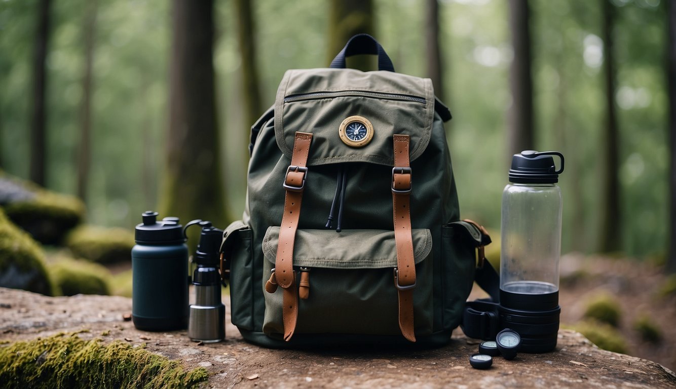 A backpack, hiking boots, a water bottle, and a compass laid out on a rocky trail with a forest in the background