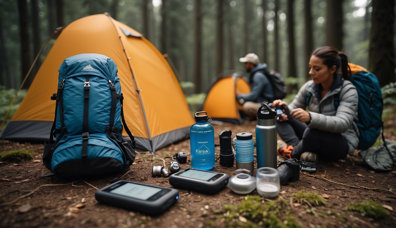 A camping scene with smart clothing and accessories including a solar-powered jacket, GPS-enabled hiking boots, a hydration backpack with a built-in water filter, and a tent with integrated LED lighting