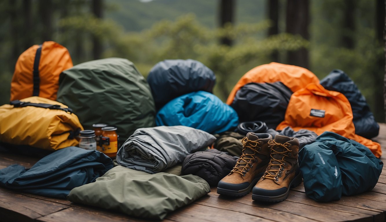 A hiker carefully chooses high-performance camping apparel for specific hiking conditions. Clothing items are laid out on a table, including waterproof jackets, moisture-wicking shirts, durable pants, and sturdy hiking boots