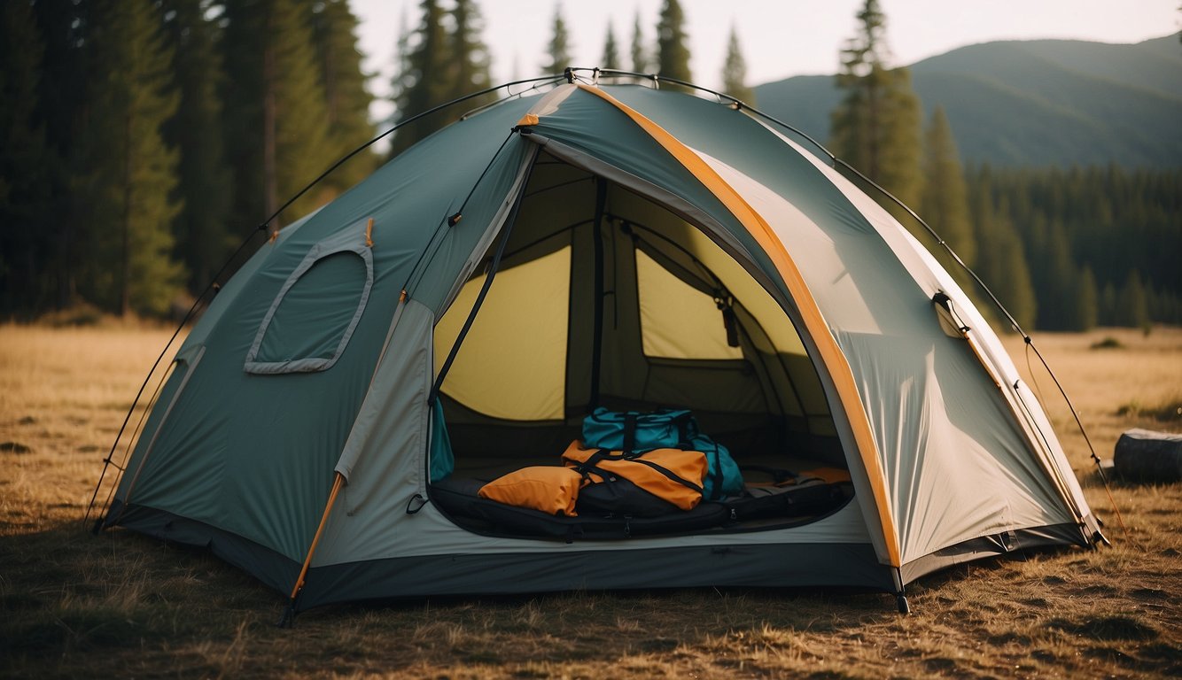 A modern tent with advanced fabric and structure, surrounded by high-tech camping gear and apparel