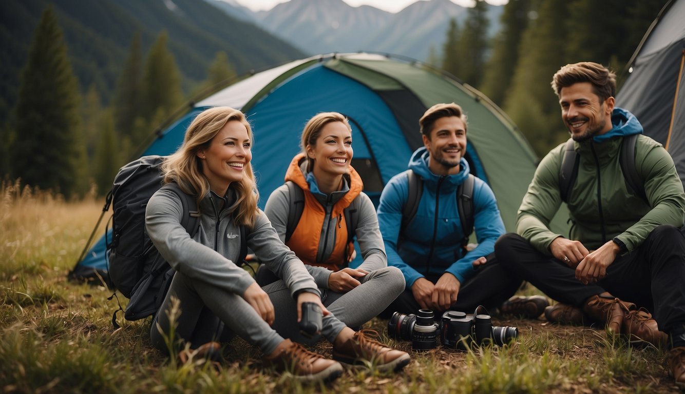 A group of campers relax in high-tech gear, enjoying enhanced comfort and convenience. Their innovative apparel includes advanced technologies for a seamless outdoor experience