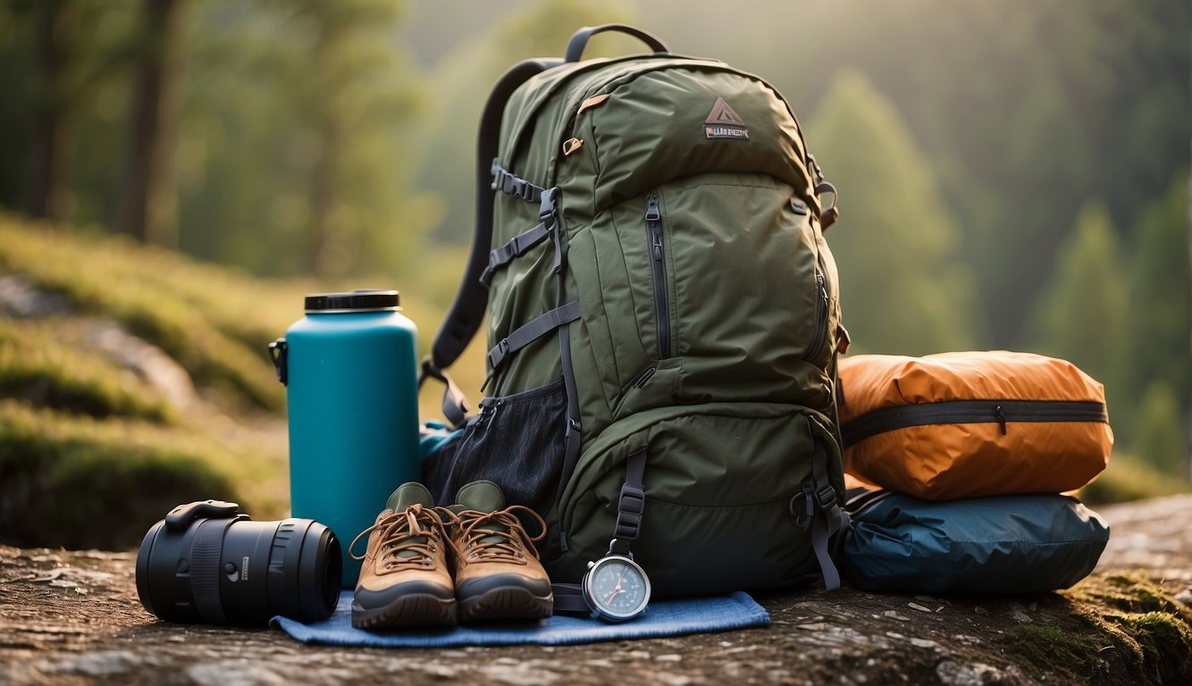 A backpack filled with neatly folded camping apparel, hiking boots, and a compact sleeping bag. A map and compass lay on top, ready for the adventure ahead