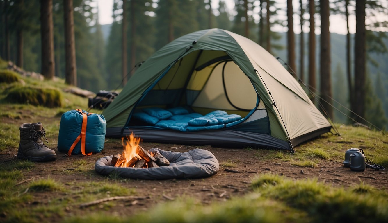 A campsite with high-tech gear: solar-powered tents, self-heating sleeping bags, moisture-wicking clothing, and odor-resistant socks