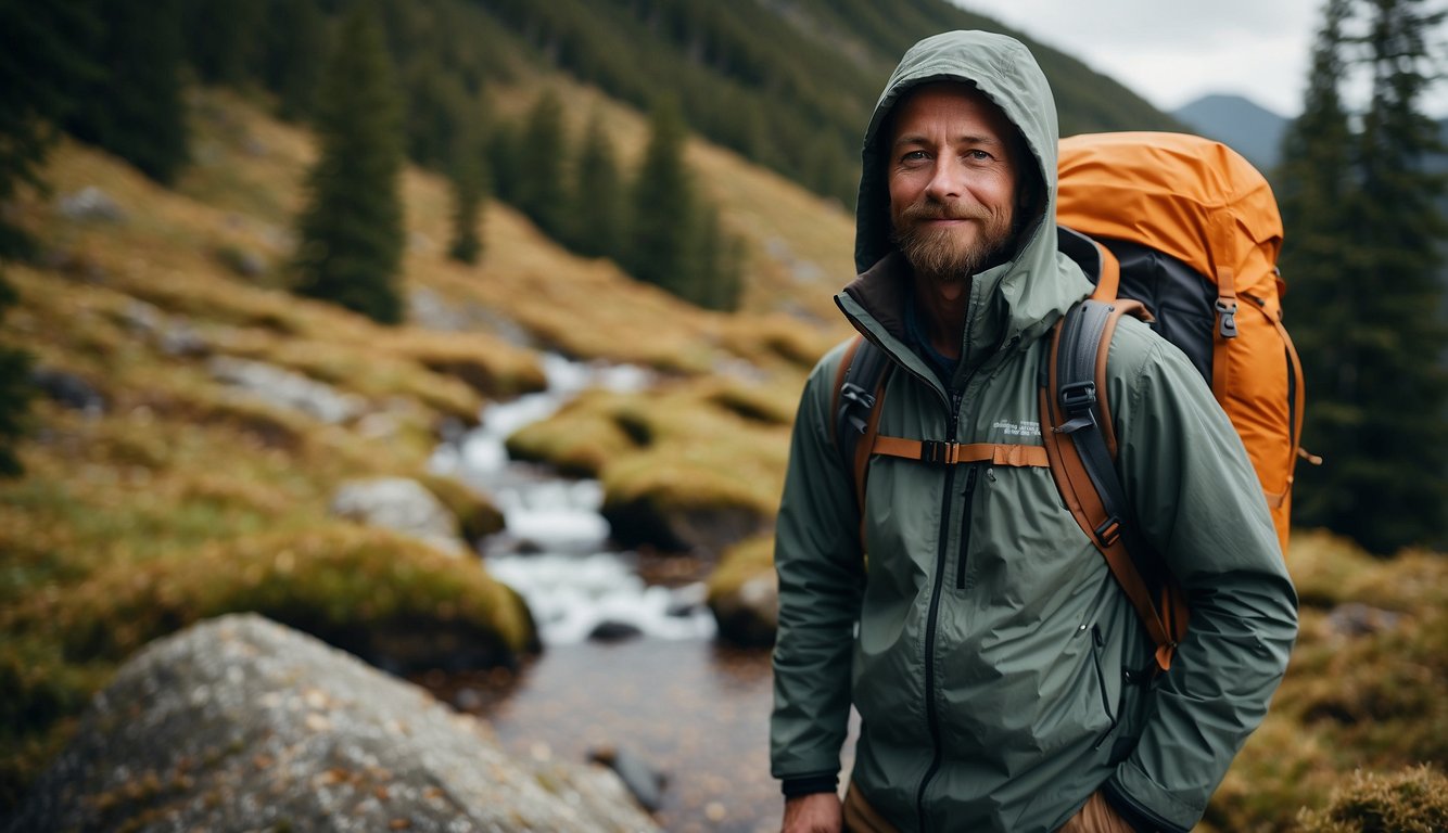 A hiker wearing high-performance camping apparel, with sturdy boots, a weatherproof jacket, and a backpack, standing confidently in the wilderness