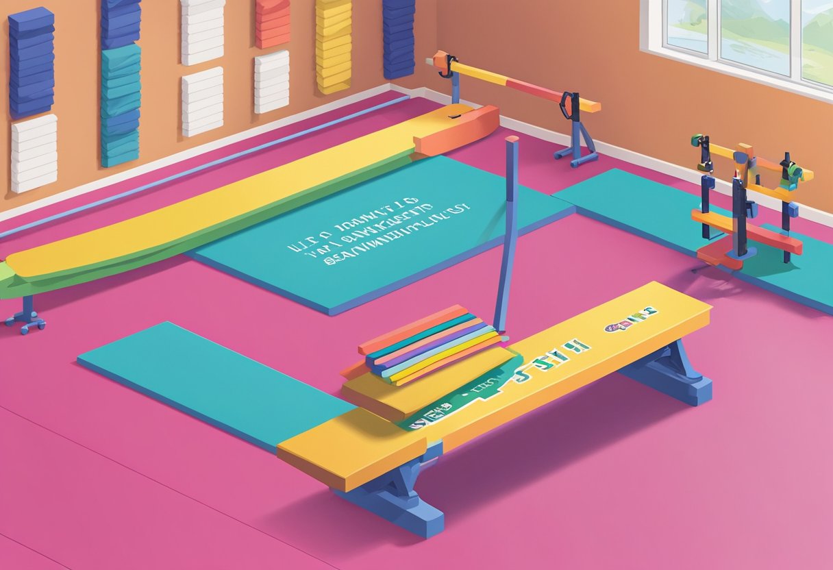 A chalk-covered balance beam sits in a brightly lit gym, surrounded by colorful mats and equipment. A quote board displays "List 51 - 75 gymnastics quotes" in bold lettering