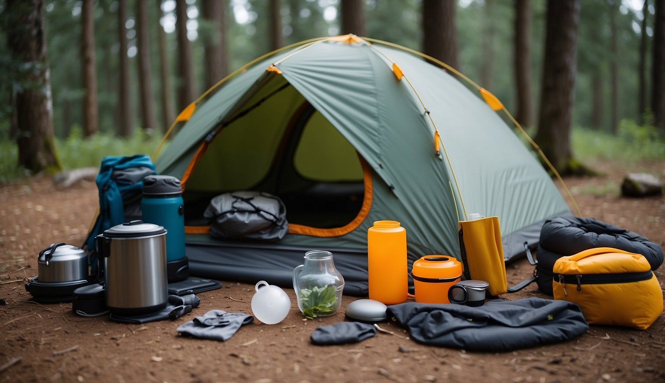 A campsite with high-tech gear: solar-powered tents, self-heating sleeping bags, moisture-wicking clothing, and collapsible cooking tools