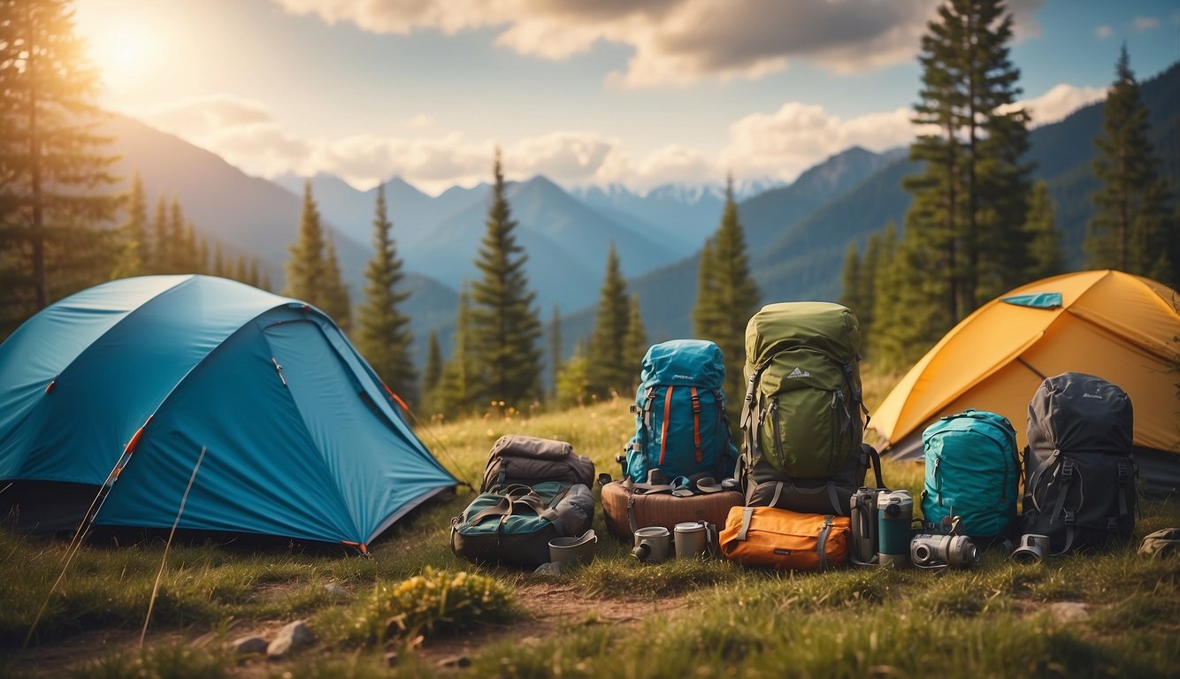 Vibrant outdoor scene with hiking gear, tents, and nature backdrop for camping apparel illustration