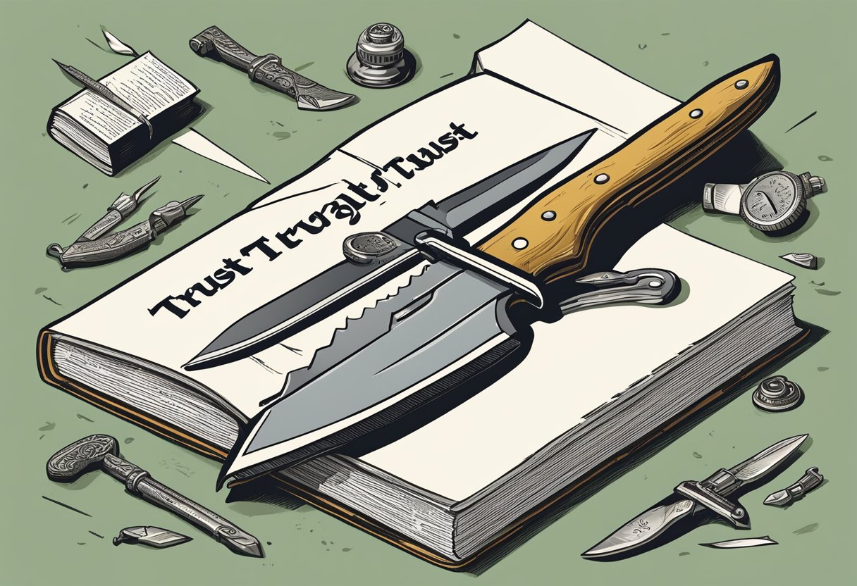 Two knives with words "trust" and "betrayal" stabbed into a book