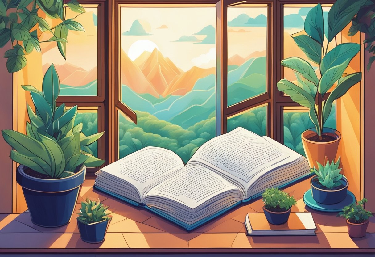 A collection of open books with inspirational quotes displayed on colorful pages, surrounded by potted plants and natural light streaming in through a window