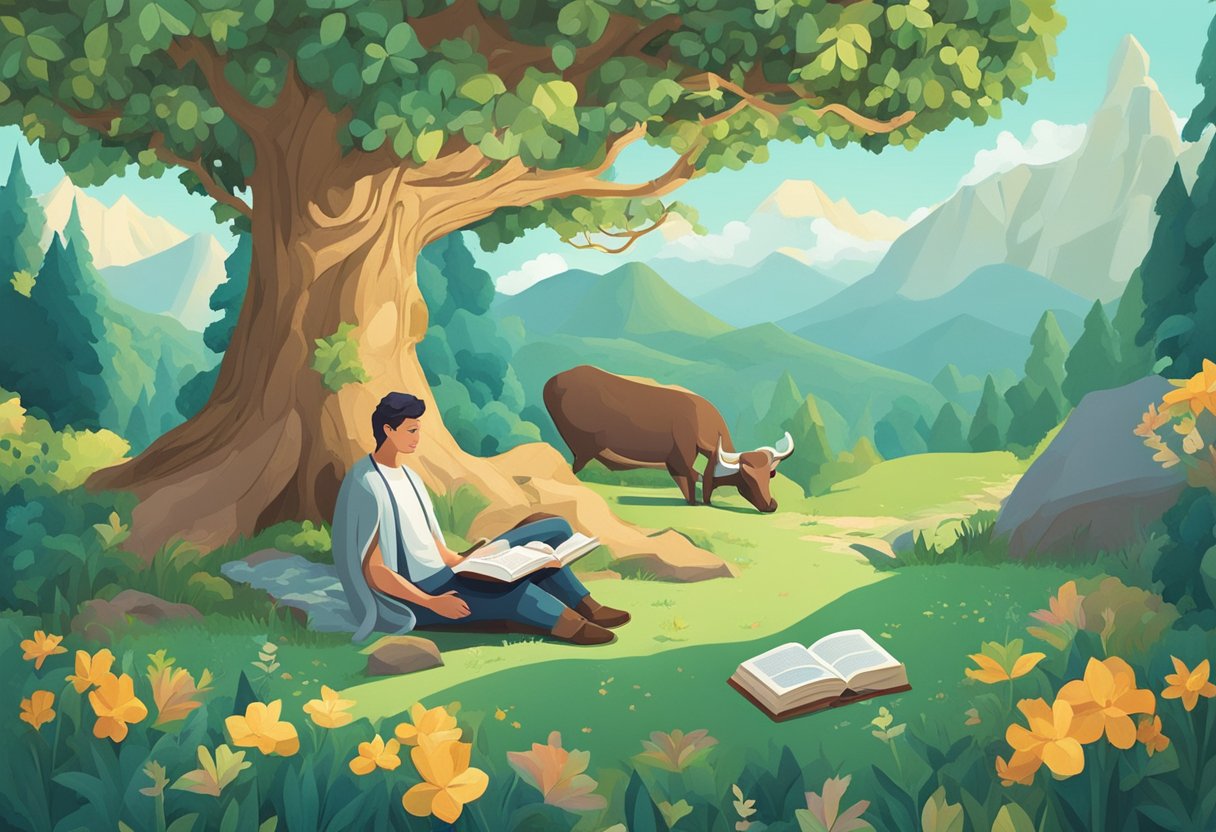 A Taurus sits beneath a tree, surrounded by nature. A serene expression on their face as they read quotes from a book