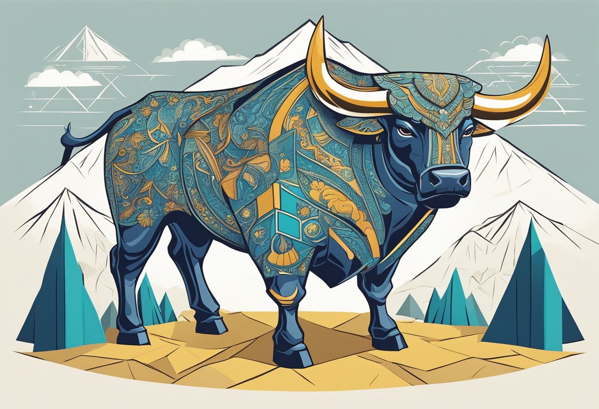 A bull with a determined expression, surrounded by symbols of strength and stability, such as mountains and oak trees