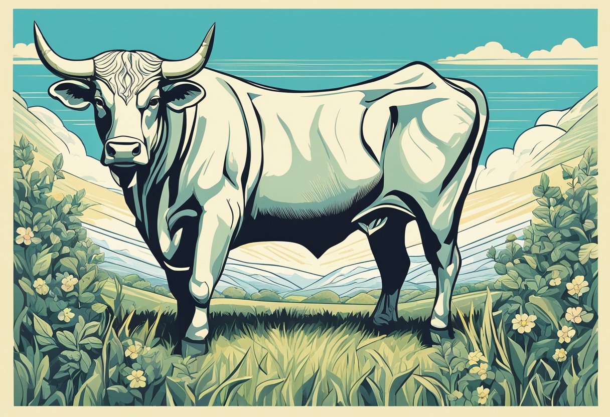 A bull stands proudly in a field, surrounded by lush greenery and a clear blue sky. The sun shines down, casting a warm glow over the peaceful scene