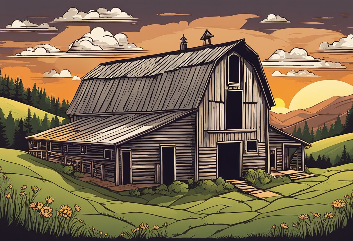 A rustic barn with "country love quotes" painted on its weathered walls, surrounded by rolling hills and a serene sunset