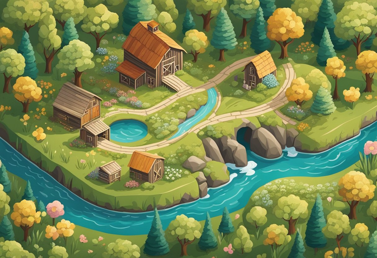 A cozy country scene with a rustic barn, rolling hills, and a winding stream. Wildflowers bloom, and a couple's initials are carved into a tree